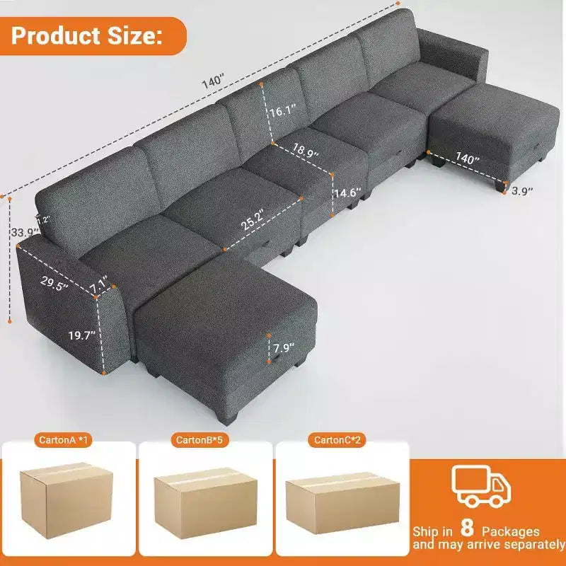 Divano componibile modulare 140 con pouf contenitore, divano letto convertibile a U, divano a L moderno in velluto a coste a 7 posti (grigio-lino)