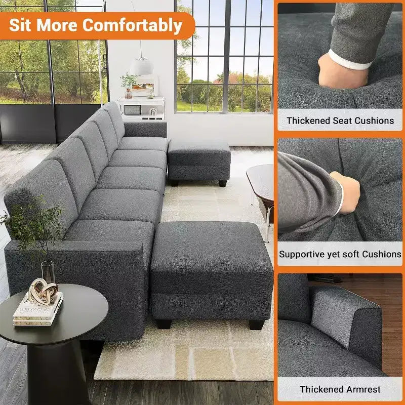 Divano componibile modulare 140 con pouf contenitore, divano letto convertibile a U, divano a L moderno in velluto a coste a 7 posti (grigio-lino)