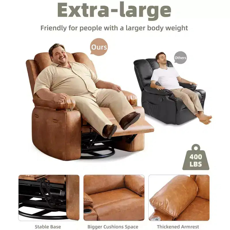 Poltrone Reclinabili Extra Large con Funzione Massaggio e Riscaldamento - Poltrona Reclinabile Girevole a 360° per Adulti - Sedia a Dondolo Manuale con Portabicchieri per Soggiorno
