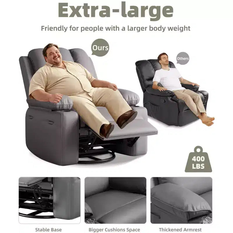 Poltrone Reclinabili Extra Large con Funzione Massaggio e Riscaldamento - Poltrona Reclinabile Girevole a 360° per Adulti - Sedia a Dondolo Manuale con Portabicchieri per Soggiorno