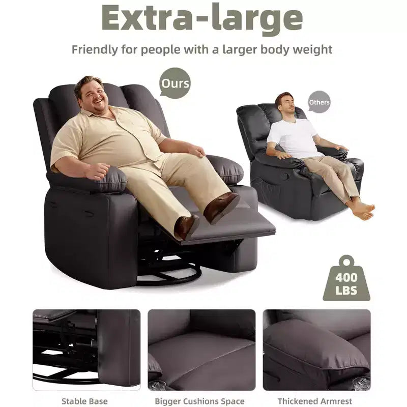 Poltrone Reclinabili Extra Large con Funzione Massaggio e Riscaldamento - Poltrona Reclinabile Girevole a 360° per Adulti - Sedia a Dondolo Manuale con Portabicchieri per Soggiorno