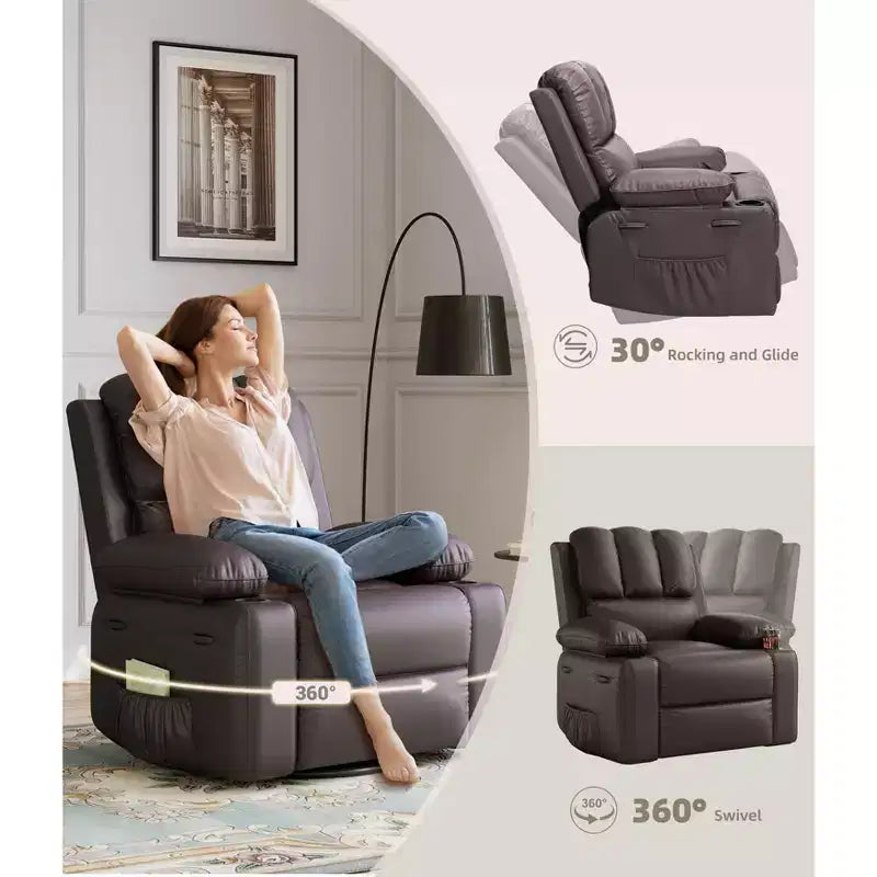 Poltrone Reclinabili Extra Large con Funzione Massaggio e Riscaldamento - Poltrona Reclinabile Girevole a 360° per Adulti - Sedia a Dondolo Manuale con Portabicchieri per Soggiorno