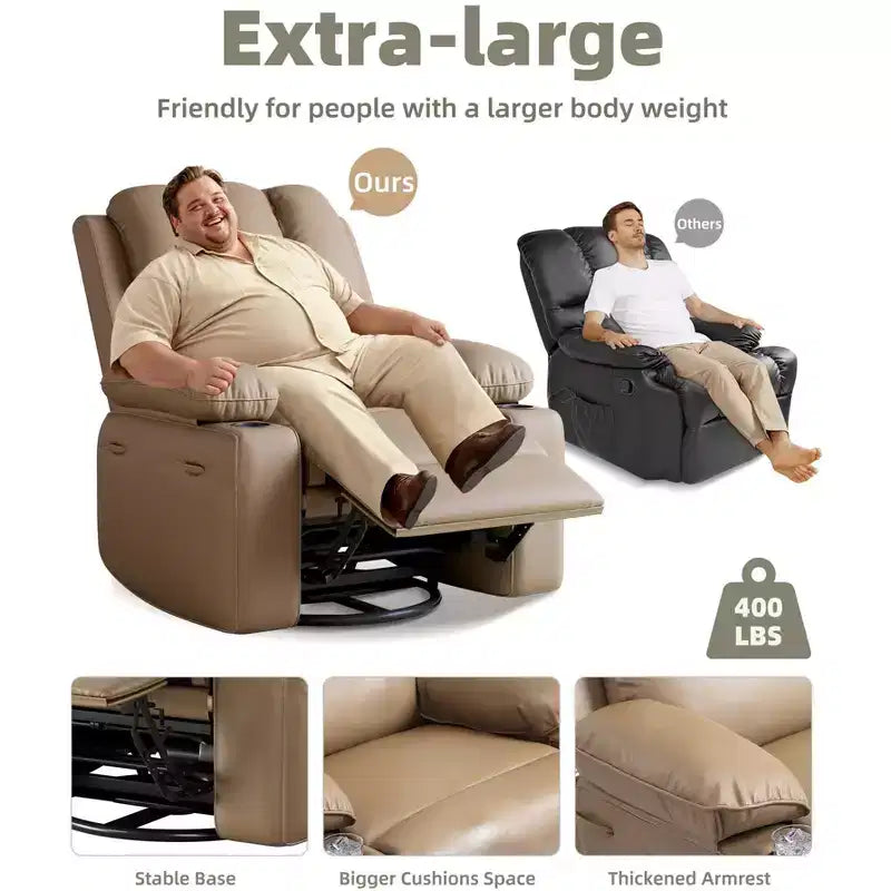 Poltrone Reclinabili Extra Large con Funzione Massaggio e Riscaldamento - Poltrona Reclinabile Girevole a 360° per Adulti - Sedia a Dondolo Manuale con Portabicchieri per Soggiorno