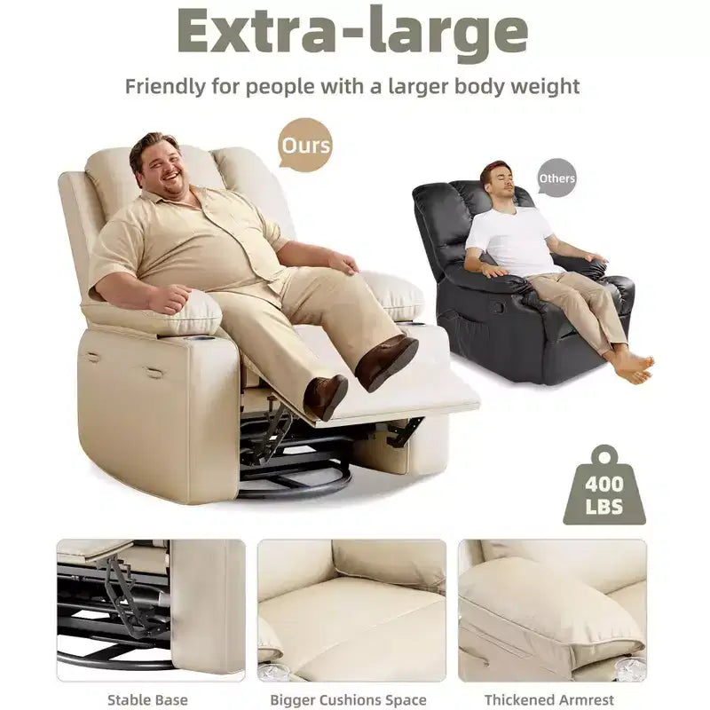Poltrone Reclinabili Extra Large con Funzione Massaggio e Riscaldamento - Poltrona Reclinabile Girevole a 360° per Adulti - Sedia a Dondolo Manuale con Portabicchieri per Soggiorno