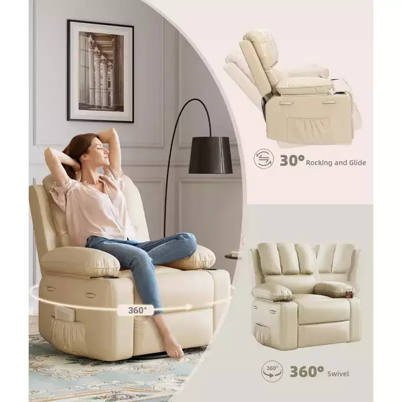 Poltrone Reclinabili Extra Large con Funzione Massaggio e Riscaldamento - Poltrona Reclinabile Girevole a 360° per Adulti - Sedia a Dondolo Manuale con Portabicchieri per Soggiorno