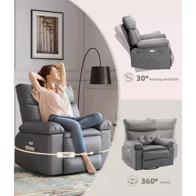 Poltrona reclinabile extra-large e ampia - Recliner a dondolo girevole a 360°, Recliner manuale grande in pelle PU, con imbottitura in spugna 1.5X e meccanismo reclinabile facile