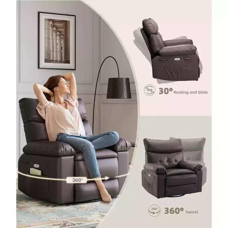 Poltrona reclinabile extra-large e ampia - Recliner a dondolo girevole a 360°, Recliner manuale grande in pelle PU, con imbottitura in spugna 1.5X e meccanismo reclinabile facile
