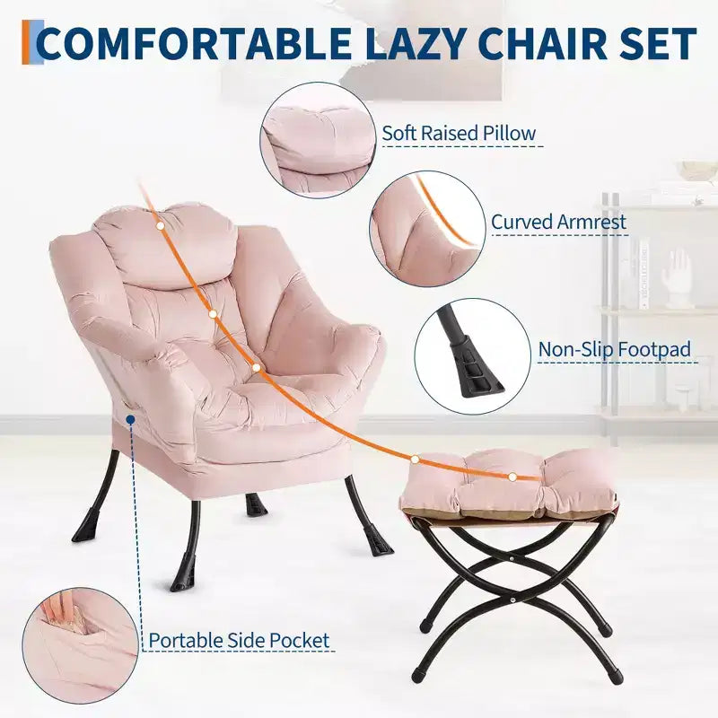Poltrona relax con pouf, poltrona moderna per soggiorno, poltrona da divano, poltrona da lettura con tasca laterale per soggiorno, camera da letto, dormitorio e ufficio