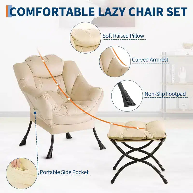 Poltrona relax con pouf, poltrona moderna per soggiorno, poltrona da divano, poltrona da lettura con tasca laterale per soggiorno, camera da letto, dormitorio e ufficio