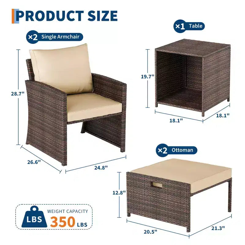 Set conversazione da esterno con schienale alto 5 pezzi con 2 pouf e tavolo, sedie lounge in rattan PE per tutte le stagioni con cuscini morbidi, per balcone, giardino e bordo piscina