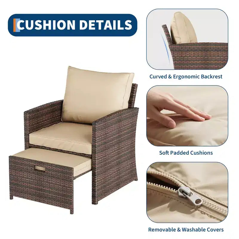 Set conversazione da esterno con schienale alto 5 pezzi con 2 pouf e tavolo, sedie lounge in rattan PE per tutte le stagioni con cuscini morbidi, per balcone, giardino e bordo piscina