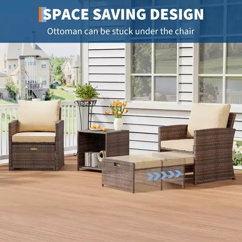Set conversazione da esterno con schienale alto 5 pezzi con 2 pouf e tavolo, sedie lounge in rattan PE per tutte le stagioni con cuscini morbidi, per balcone, giardino e bordo piscina