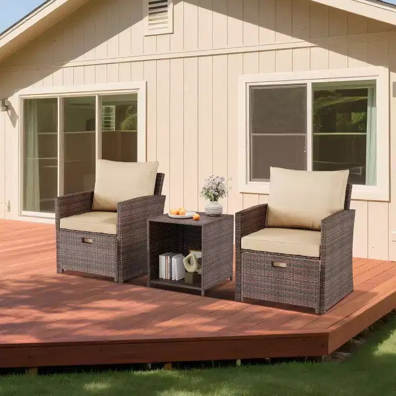 Set conversazione da esterno con schienale alto 5 pezzi con 2 pouf e tavolo, sedie lounge in rattan PE per tutte le stagioni con cuscini morbidi, per balcone, giardino e bordo piscina