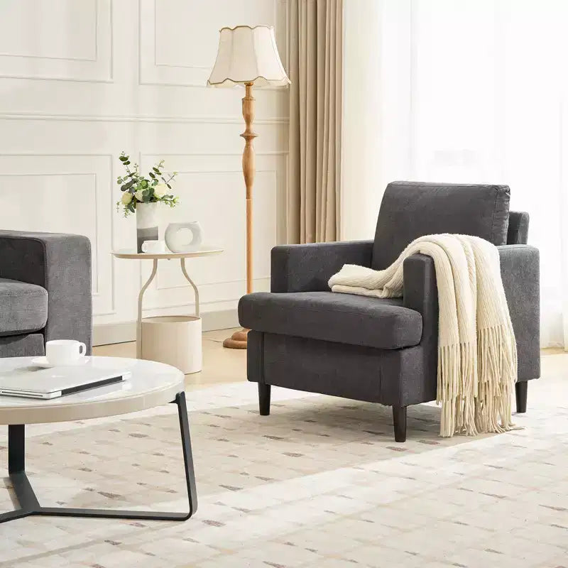 Poltrona d'accento moderna in lino per soggiorno, poltrona per divano con gambe in legno, tessuto da lettura per soggiorno con cuscini, poltrona