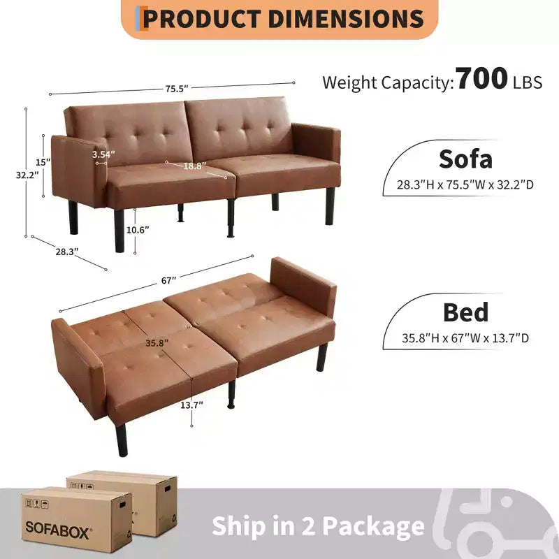 Divano futon convertibile moderno da 75'', divano futon imbottito in legno massello, divano a due posti regolabile in tessuto per soggiorno