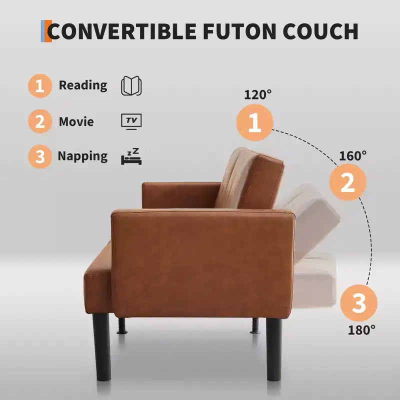 Divano futon convertibile moderno da 75'', divano futon imbottito in legno massello, divano a due posti regolabile in tessuto per soggiorno