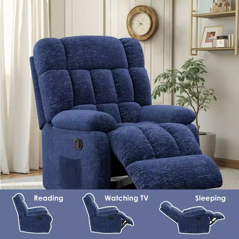 MAYEERTY Poltrona Reclinabile Ergonomica Reclinazione Regolabile 110-161x Poggiapiedi Tasca Laterale per Soggiorno Blu Scuro