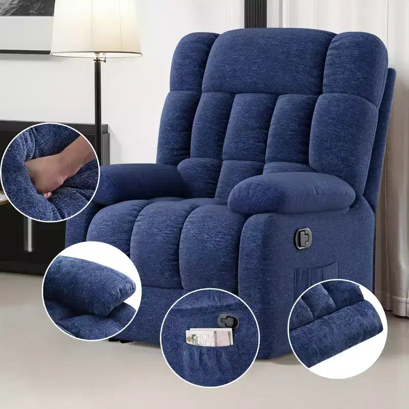 MAYEERTY Poltrona Reclinabile Ergonomica Reclinazione Regolabile 110-161x Poggiapiedi Tasca Laterale per Soggiorno Blu Scuro