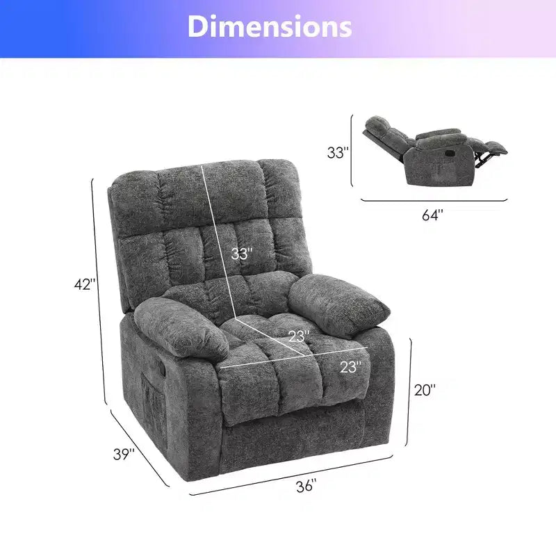 Poltrona reclinabile ergonomica MAYEERTY 110-160x, reclinazione regolabile, poggiapiedi, tasca laterale per soggiorno, grigio