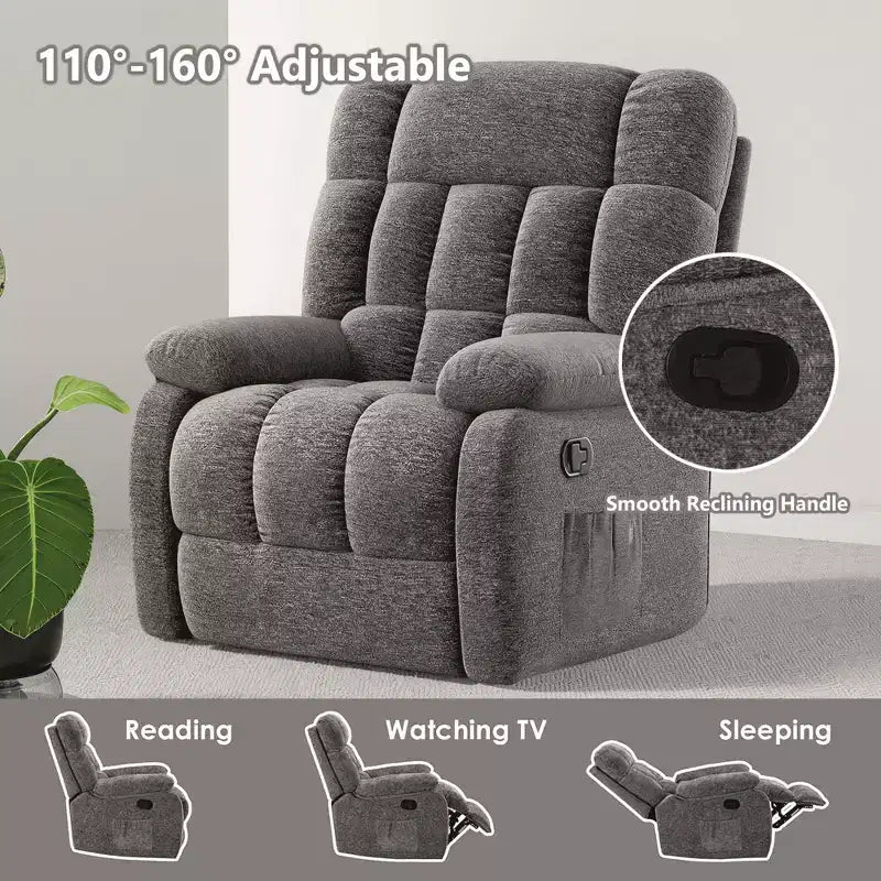 Poltrona reclinabile ergonomica MAYEERTY 110-160x, reclinazione regolabile, poggiapiedi, tasca laterale per soggiorno, grigio