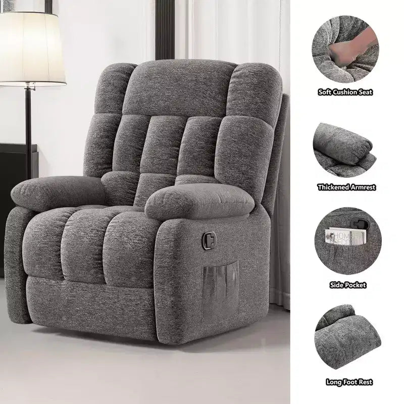 Poltrona reclinabile ergonomica MAYEERTY 110-160x, reclinazione regolabile, poggiapiedi, tasca laterale per soggiorno, grigio