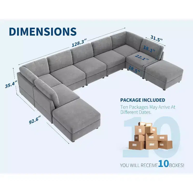 Divano sezionale modulare a L GustoWave, divano a 9 posti oversize con 2 pouf contenitori, divano letto moderno e confortevole in ciniglia con seduta profonda