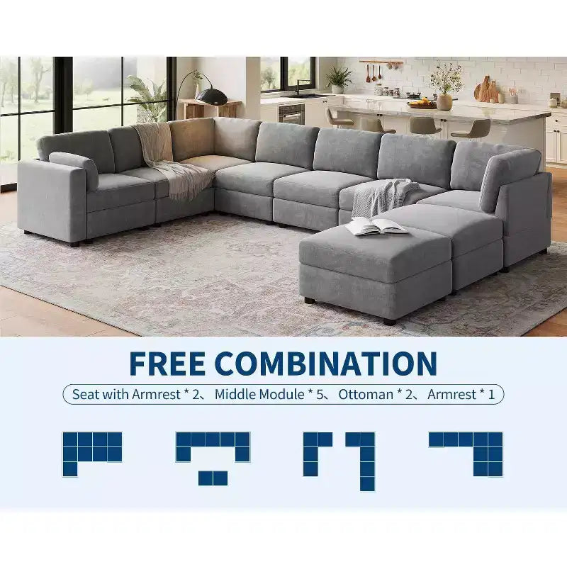Divano sezionale modulare a L GustoWave, divano a 9 posti oversize con 2 pouf contenitori, divano letto moderno e confortevole in ciniglia con seduta profonda