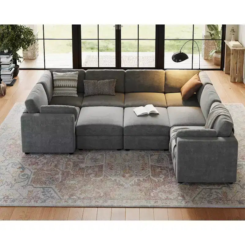 Divano sezionale modulare a L GustoWave, divano a 9 posti oversize con 2 pouf contenitori, divano letto moderno e confortevole in ciniglia con seduta profonda