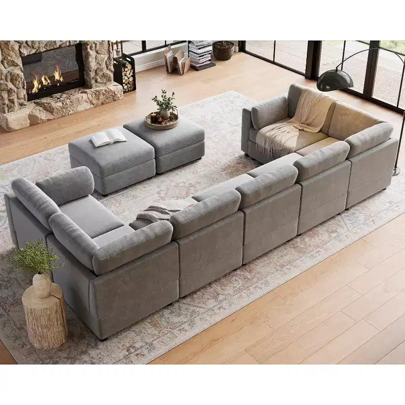 Divano sezionale modulare a L GustoWave, divano a 9 posti oversize con 2 pouf contenitori, divano letto moderno e confortevole in ciniglia con seduta profonda