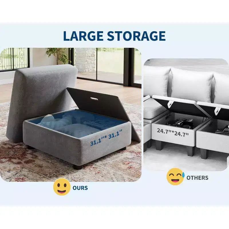 Divano sezionale modulare a L GustoWave, divano a 9 posti oversize con 2 pouf contenitori, divano letto moderno e confortevole in ciniglia con seduta profonda