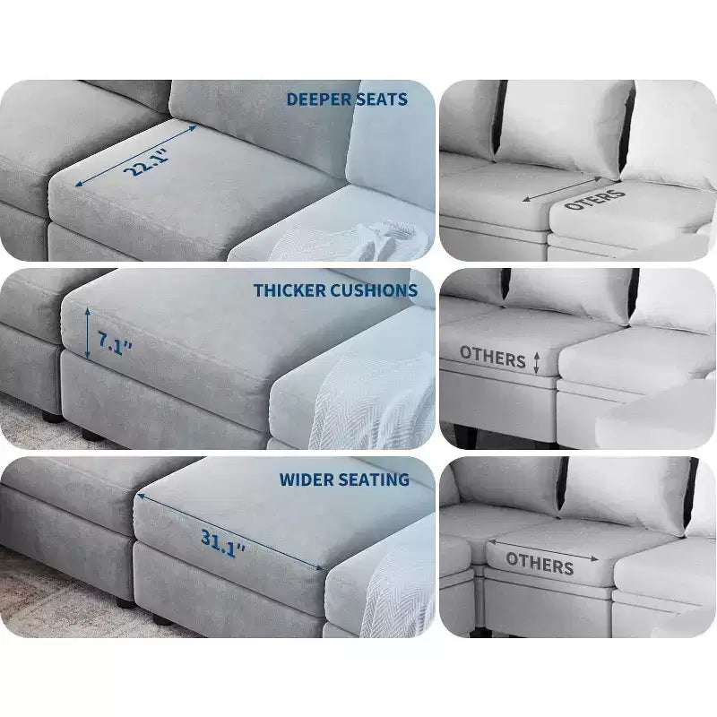 Divano sezionale modulare a L GustoWave, divano a 9 posti oversize con 2 pouf contenitori, divano letto moderno e confortevole in ciniglia con seduta profonda