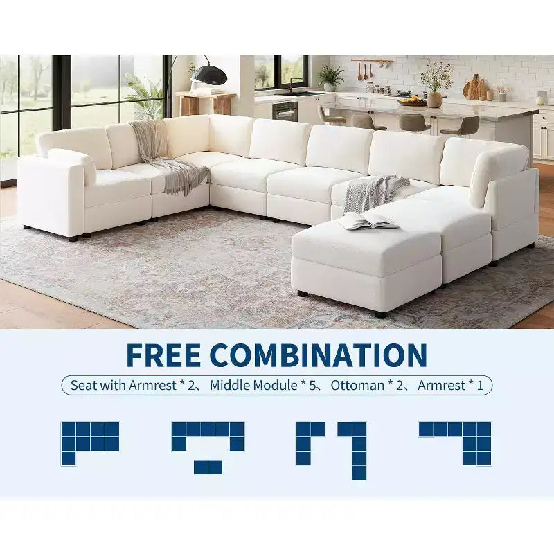 Divano sezionale modulare a L GustoWave, divano a 9 posti oversize con 2 pouf contenitori, divano letto moderno e confortevole in ciniglia con seduta profonda