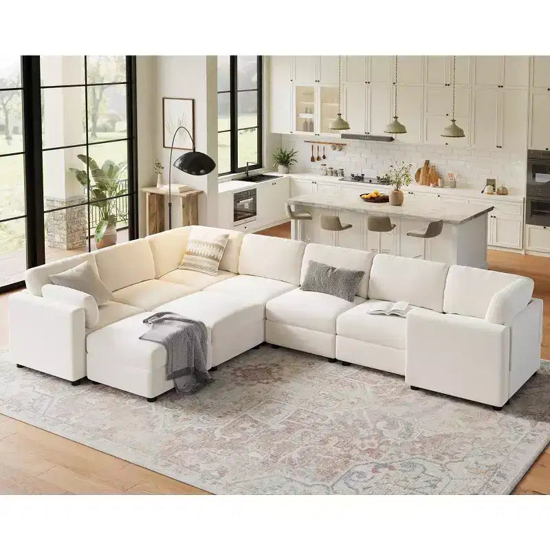 Divano sezionale modulare a L GustoWave, divano a 9 posti oversize con 2 pouf contenitori, divano letto moderno e confortevole in ciniglia con seduta profonda