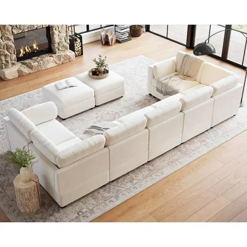 Divano sezionale modulare a L GustoWave, divano a 9 posti oversize con 2 pouf contenitori, divano letto moderno e confortevole in ciniglia con seduta profonda