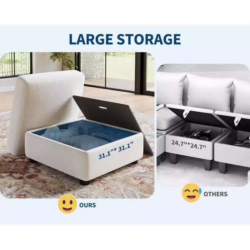 Divano sezionale modulare a L GustoWave, divano a 9 posti oversize con 2 pouf contenitori, divano letto moderno e confortevole in ciniglia con seduta profonda