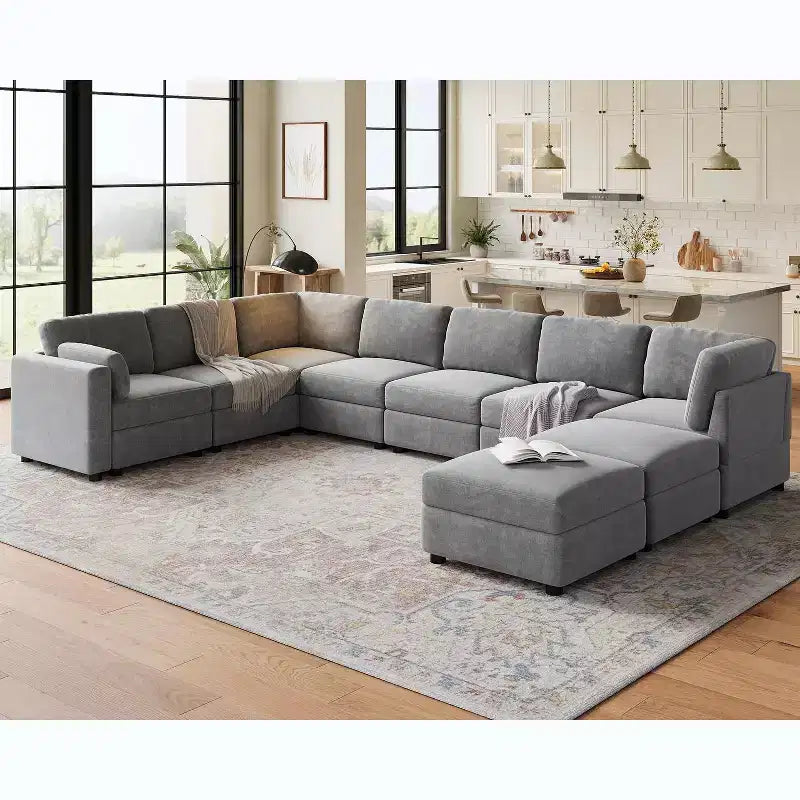 Divano sezionale modulare a L GustoWave, divano a 9 posti oversize con 2 pouf contenitori, divano letto moderno e confortevole in ciniglia con seduta profonda