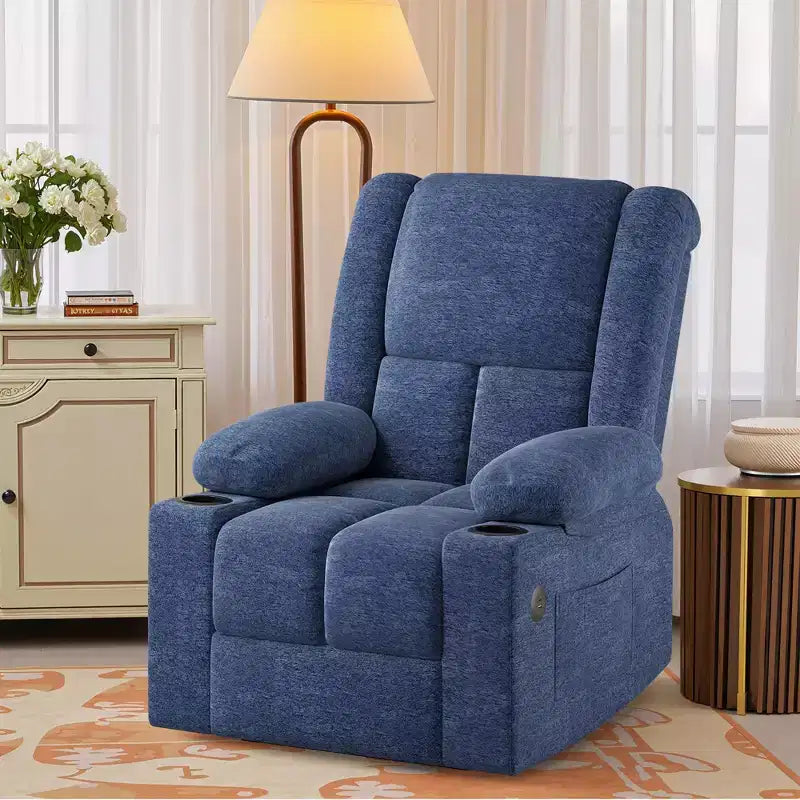 MAYEERTY Poltrona Reclinabile Elettrica Blu con Massaggio, Riscaldamento, Porte USB e Portabicchieri per il Comfort degli Anziani