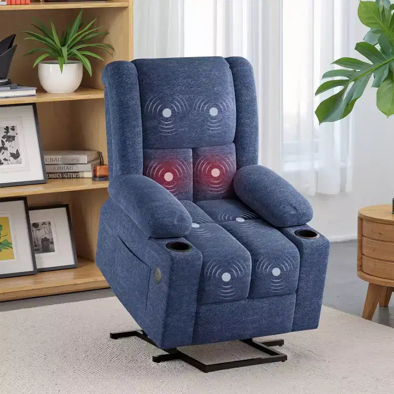 MAYEERTY Poltrona Reclinabile Elettrica Blu con Massaggio, Riscaldamento, Porte USB e Portabicchieri per il Comfort degli Anziani
