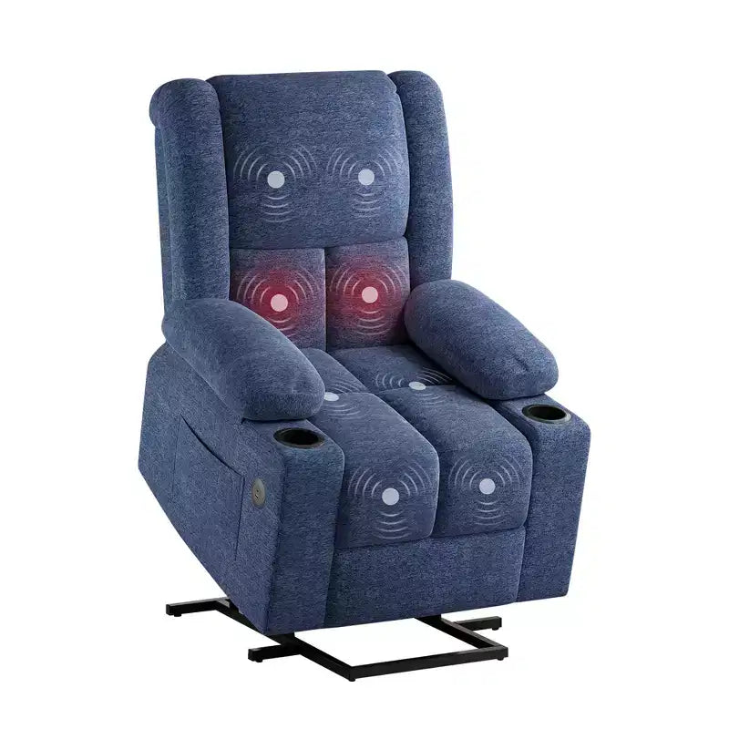 MAYEERTY Poltrona Reclinabile Elettrica Blu con Massaggio, Riscaldamento, Porte USB e Portabicchieri per il Comfort degli Anziani