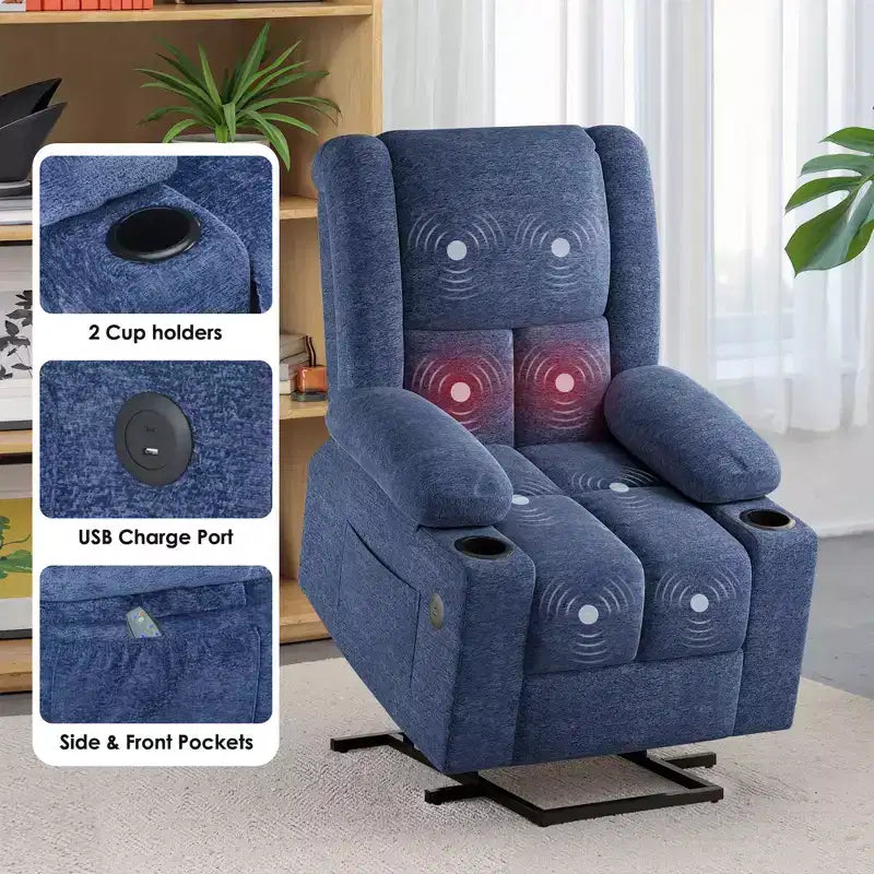 MAYEERTY Poltrona Reclinabile Elettrica Blu con Massaggio, Riscaldamento, Porte USB e Portabicchieri per il Comfort degli Anziani