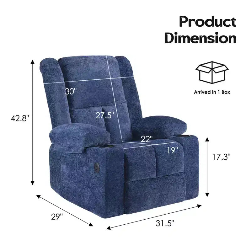 MAYEERTY Poltrona Reclinabile Elettrica Blu con Massaggio, Riscaldamento, Porte USB e Portabicchieri per il Comfort degli Anziani