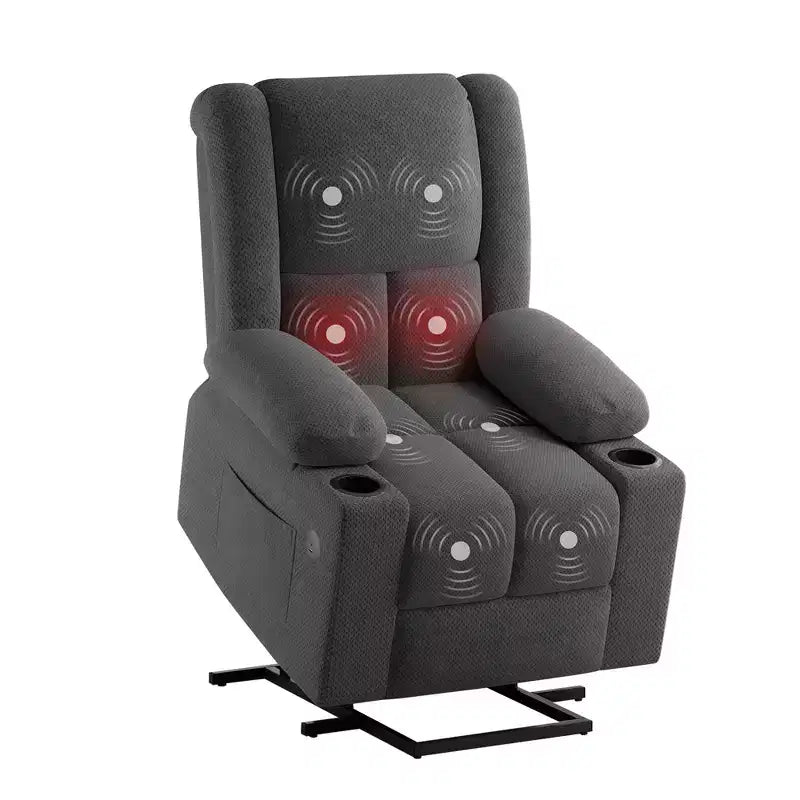 Poltrona reclinabile elettrica MAYEERTY grigia con funzione di sollevamento, massaggio, riscaldamento, porte USB e portabicchieri per il comfort degli anziani