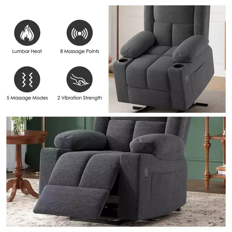 Poltrona reclinabile elettrica MAYEERTY grigia con funzione di sollevamento, massaggio, riscaldamento, porte USB e portabicchieri per il comfort degli anziani