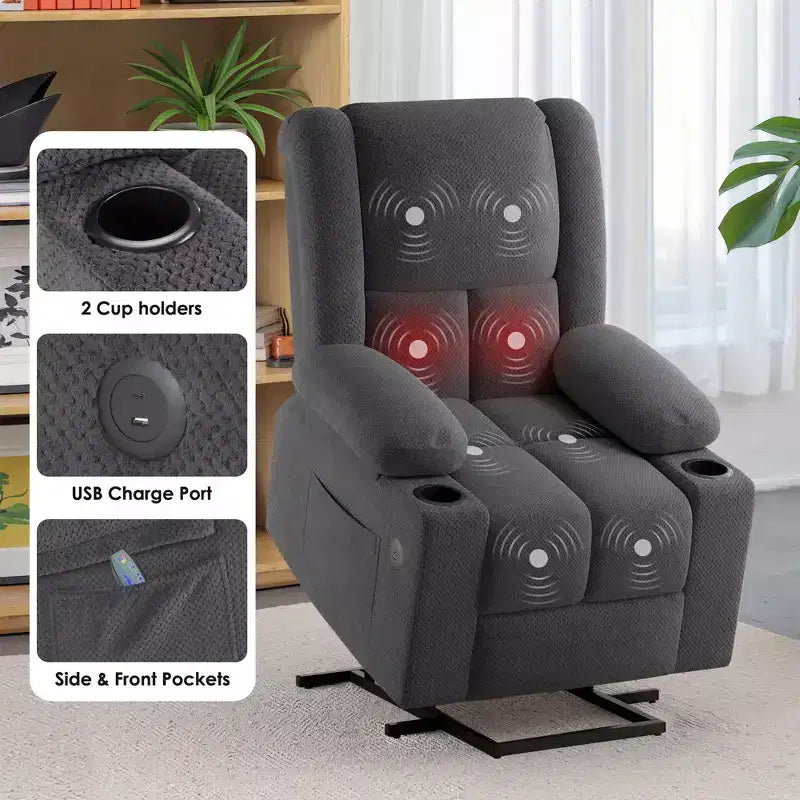 Poltrona reclinabile elettrica MAYEERTY grigia con funzione di sollevamento, massaggio, riscaldamento, porte USB e portabicchieri per il comfort degli anziani
