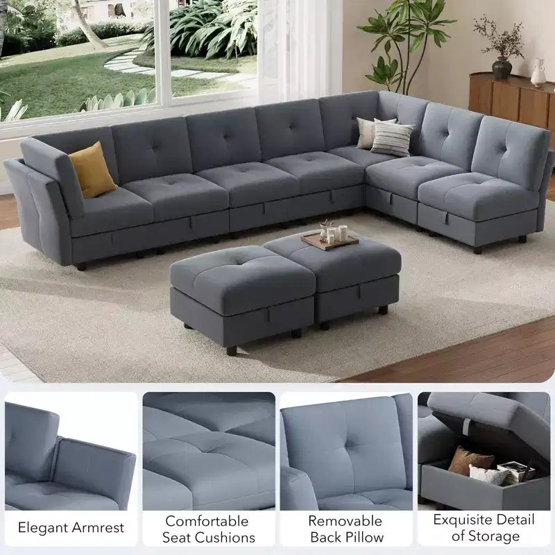 GustoWave Divano componibile a 9 posti, divano Cloud con seduta profonda e chaise longue reversibile, divano a L in ciniglia con contenitore