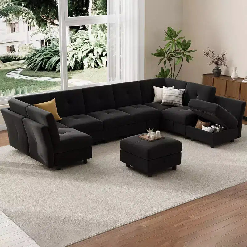 GustoWave Divano componibile a 9 posti, divano Cloud con seduta profonda e chaise longue reversibile, divano a L in ciniglia con contenitore