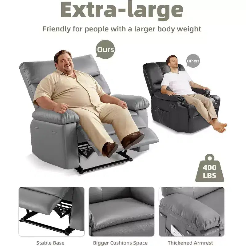 Poltrona reclinabile oversize in pelle, reclinabile manuale extra large, poltrona relax con braccioli e schienale comfort in spugna 1.5X per soggiorno, camera da letto