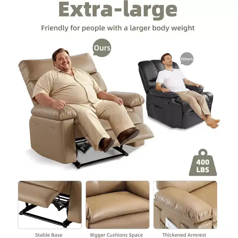 Poltrona reclinabile oversize in pelle, reclinabile manuale extra large, poltrona relax con braccioli e schienale comfort in spugna 1.5X per soggiorno, camera da letto
