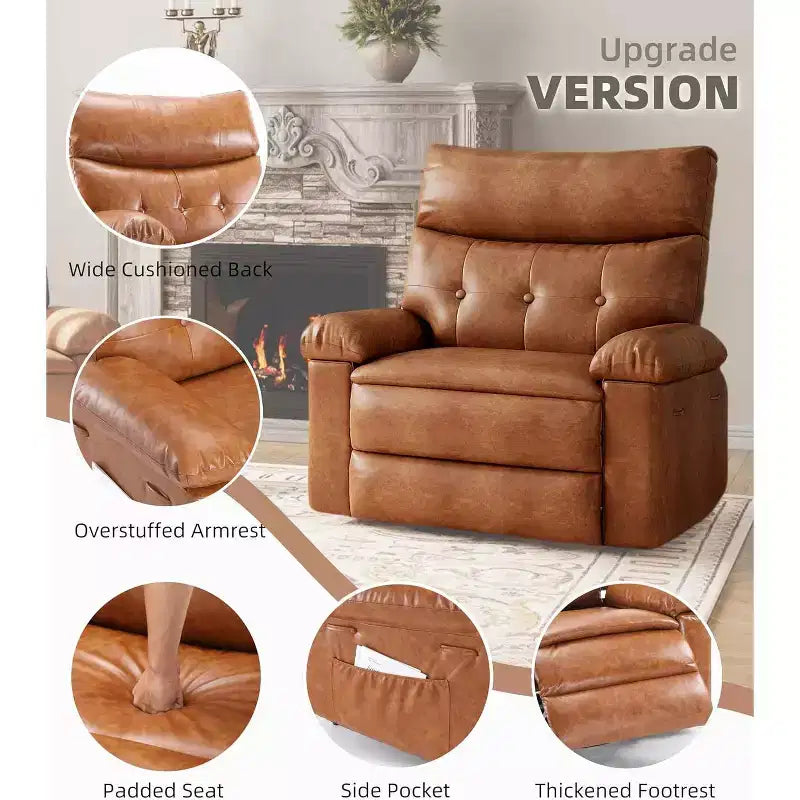 Poltrona reclinabile oversize in pelle, reclinabile manuale extra large, poltrona relax con braccioli e schienale comfort in spugna 1.5X per soggiorno, camera da letto