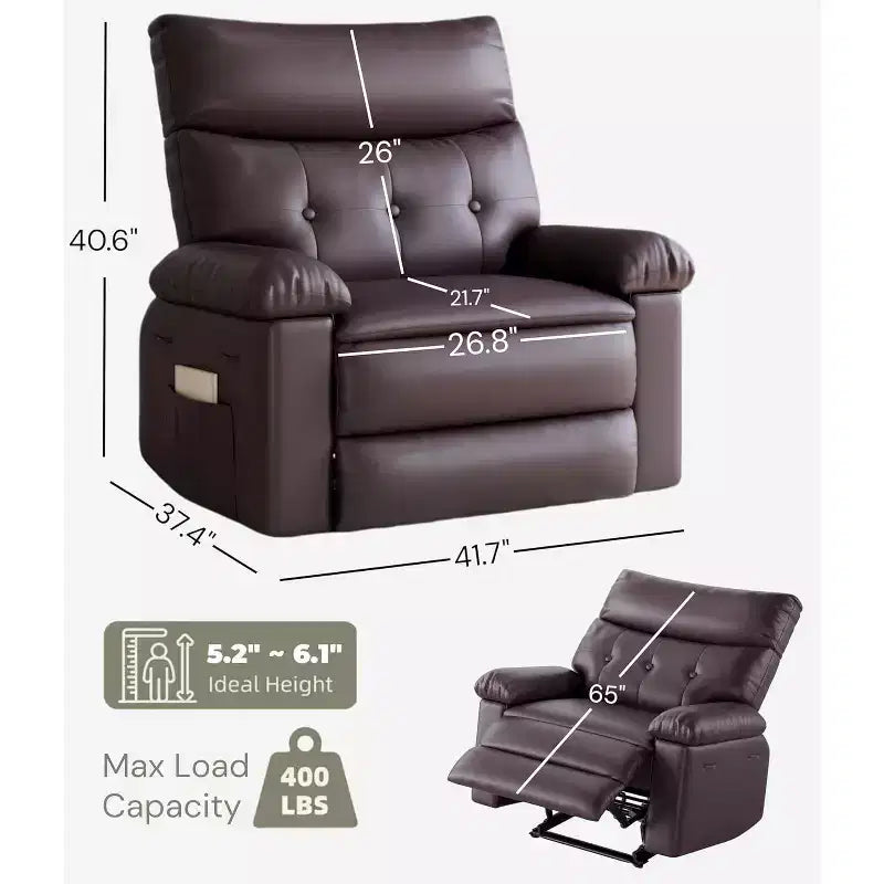 Poltrona reclinabile oversize in pelle, reclinabile manuale extra large, poltrona relax con braccioli e schienale comfort in spugna 1.5X per soggiorno, camera da letto